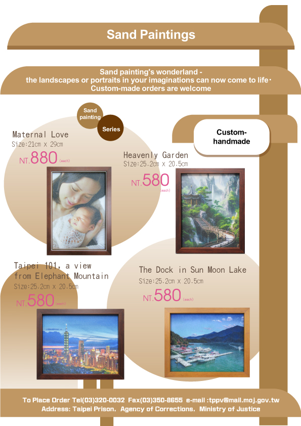Regular sand art training is held and linked to in-house production. Custom sand paintings are bestsellers, including large commissioned works for public display, such as Yushan and Shimen Dam.