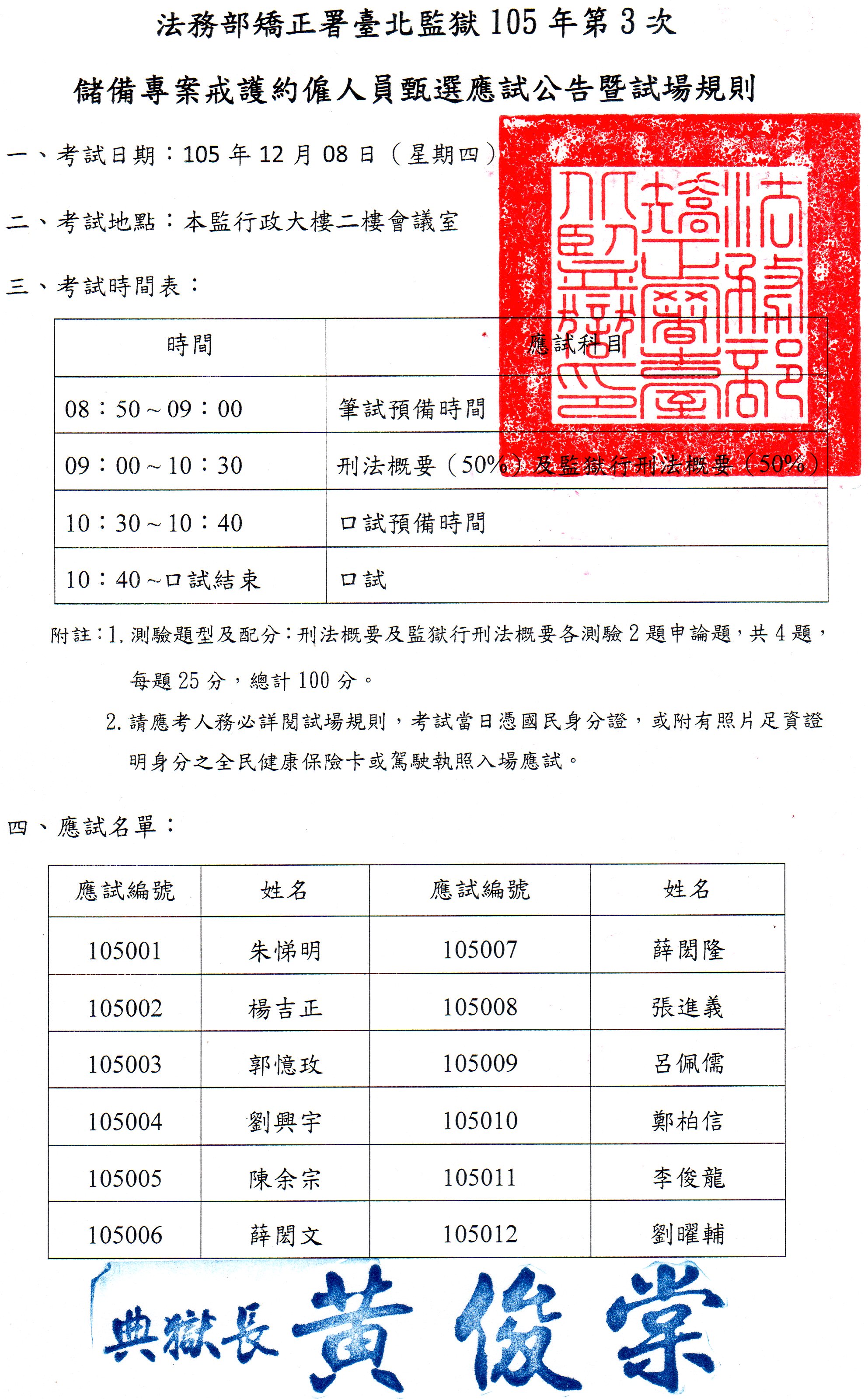 臺北監獄105年第3次儲備專案戒護約僱人員甄選應試公告