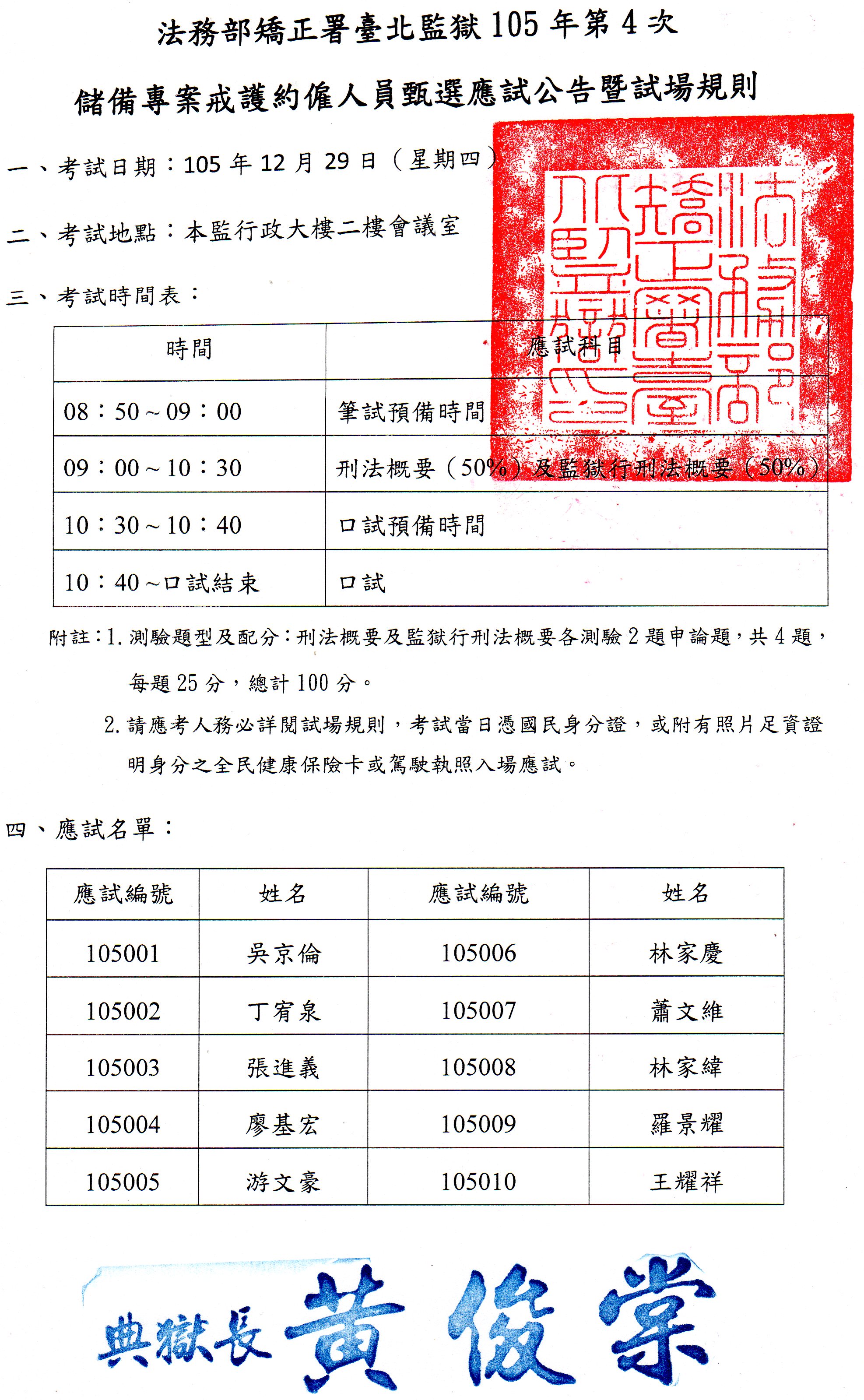 臺北監獄105年第4次儲備專案戒護約僱人員甄選應試公告